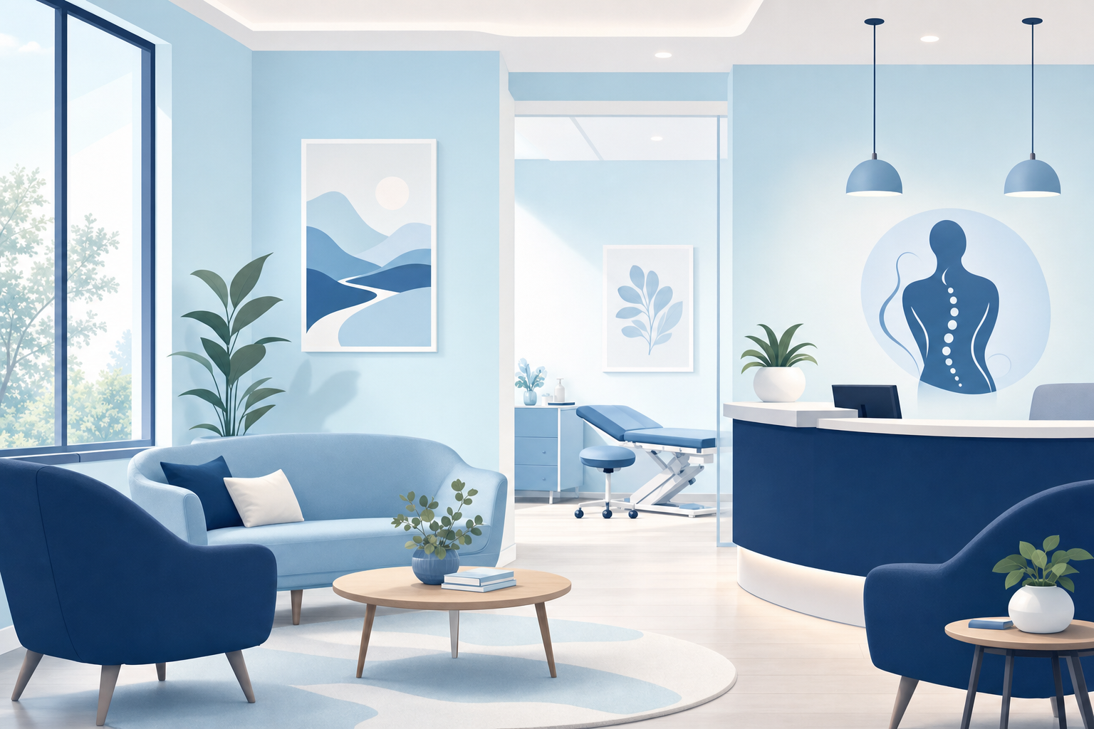 Calming, modern illustration of the clinic waiting area in light blue and navy tones